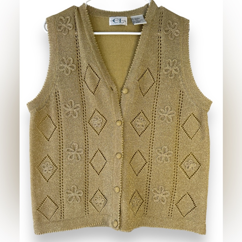 Vintage CRICKET LANE Metallic Gold  Fancy Vest PM Petite Cardigan Sweater Jersey